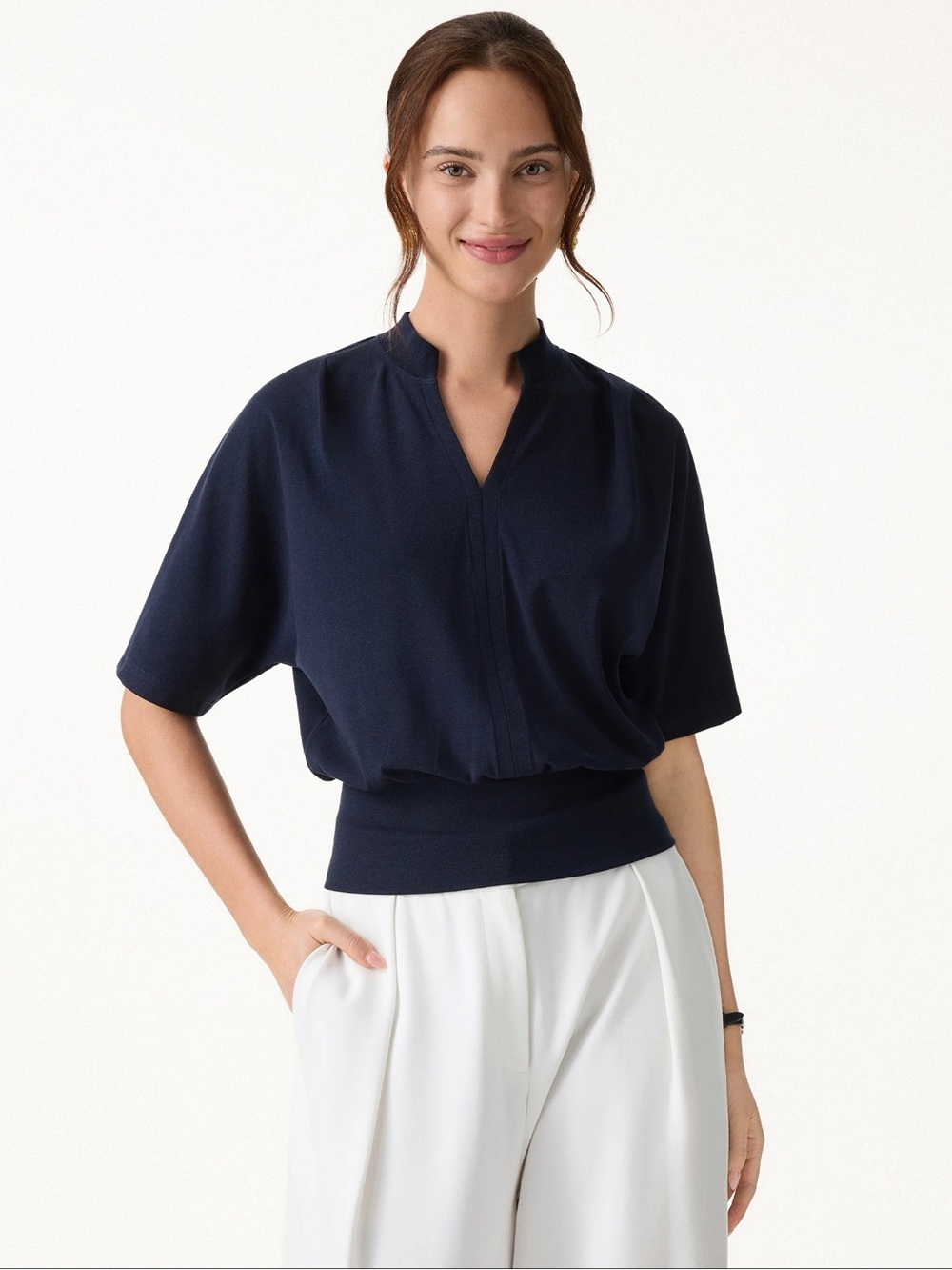 OGL Stand Collar V-neck Short Short Sleeve Top -Steel Blue - Picture 2 of 6